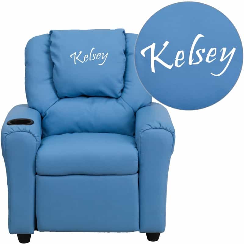 Personalized Light Blue Vinyl Kids Recliner With Cup Holder And Headrest