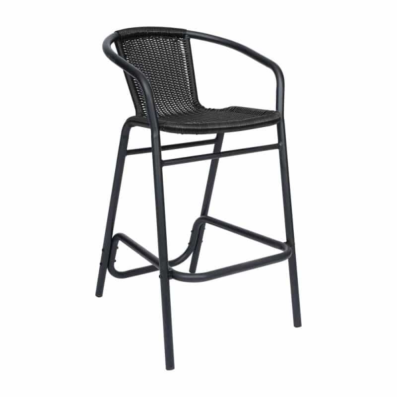 Lila Set Of 2 Commercial Grade Indoor-Outdoor Pe Rattan Restaurant Barstool With Black Aluminum Frame And Footrest In Black