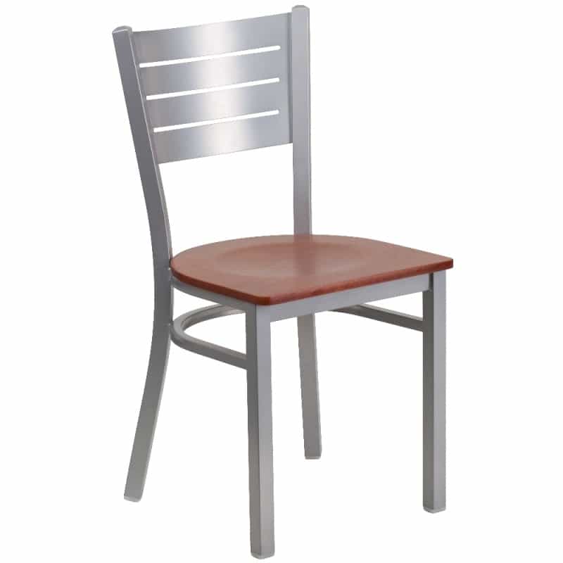 Hercules Series Silver Slat Back Metal Restaurant Chair - Cherry Wood Seat