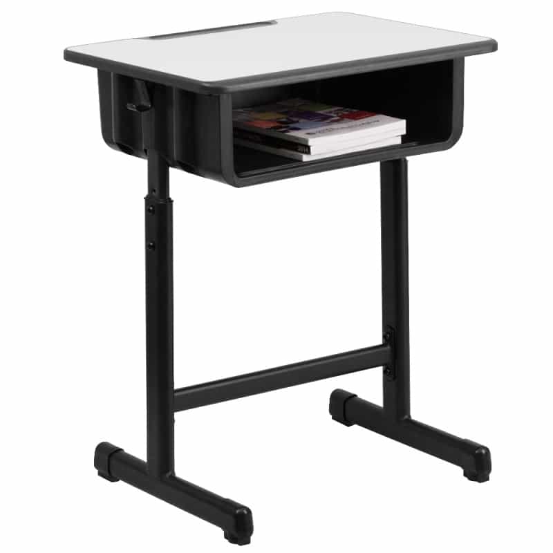 Billie Student Desk With Grey Top And Adjustable Height Black Pedestal Frame