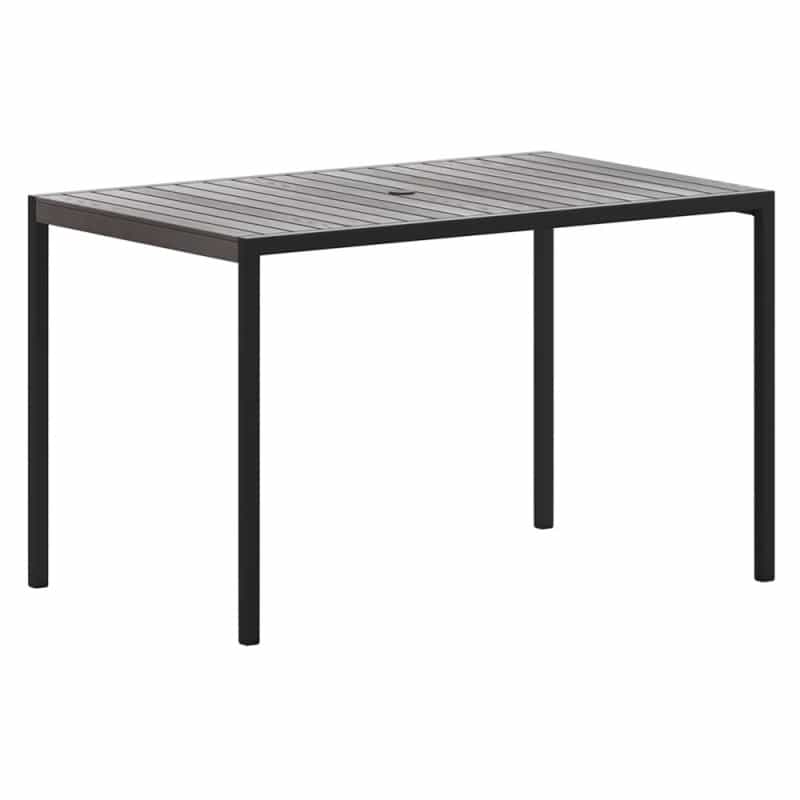 Lark Outdoor Dining Table With Synthetic Gray Wash Teak Poly Slats - 30" X 48" Steel Framed Restaurant Table With Umbrella Holder Hole