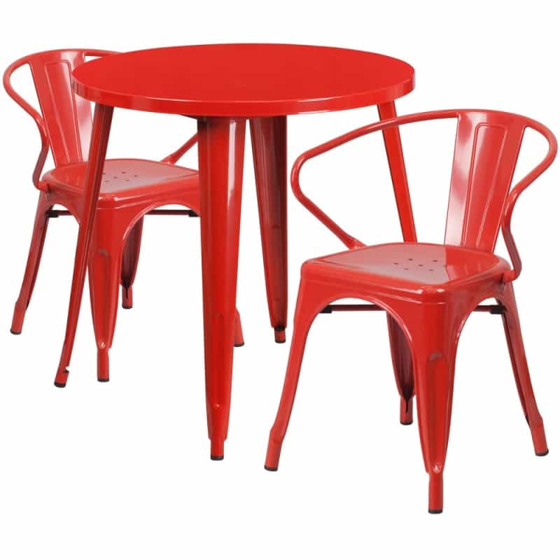 Conrad Commercial Grade 30" Round Red Metal Indoor-Outdoor Table Set With 2 Arm Chairs