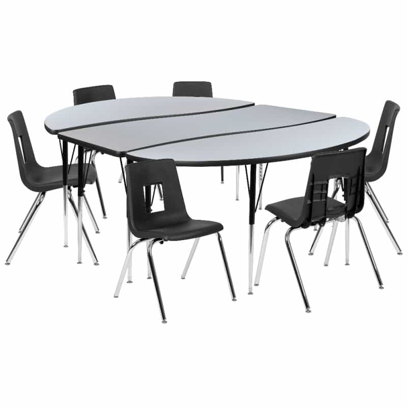 Emmy 86" Oval Wave Flexible Laminate Activity Table Set With 18" Student Stack Chairs, Grey/Black