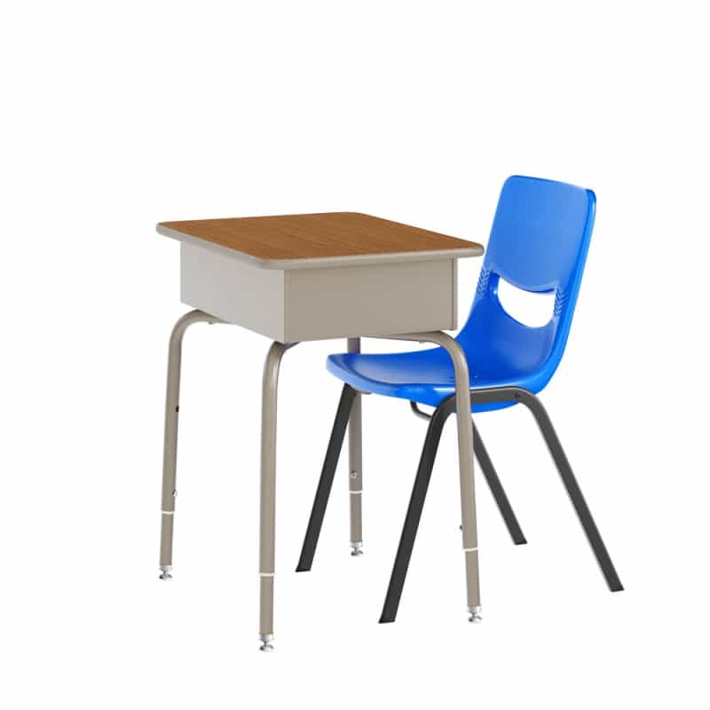 Hercules Student Desk With Open Front Metal Book Box, Walnut Desktop, And Silver Frame And Navy Heavy-Duty Flex Comfort Classroom Stack Chair